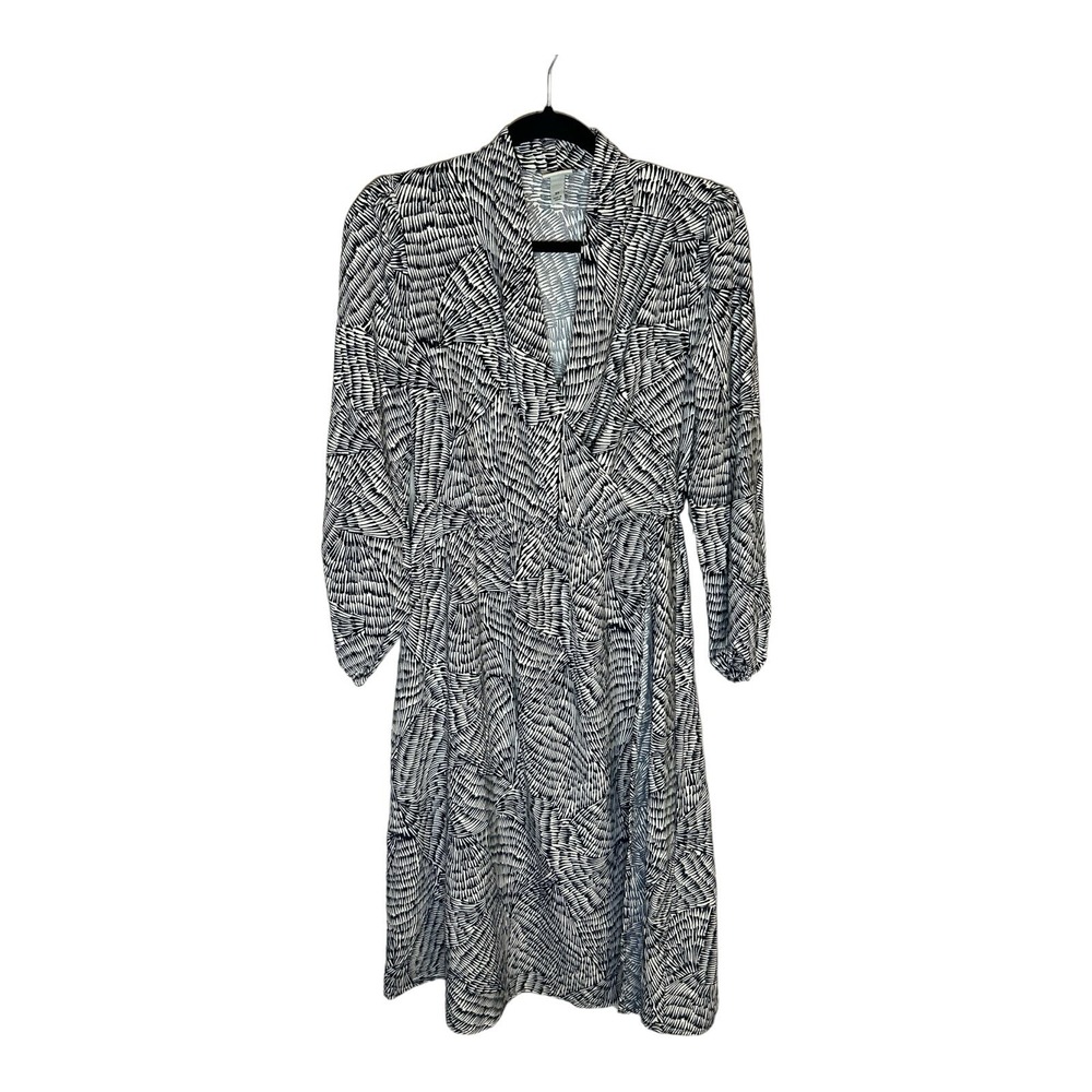 A New Day Womens Black White Abstract Geometric Midi Wrap Dress Long Sleeve XS
